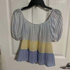 Blu Pepper Silver and Yellow Puff Sleeve Smocked Blouse
